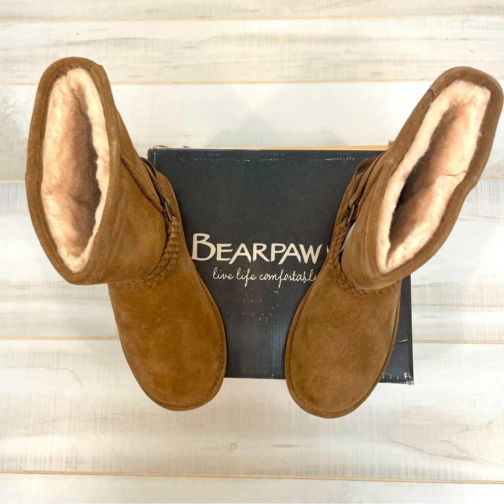 Bearpaw NWT Adele Hickory Suede Fleece Lined Snow Boots Sz 9 Leather Sherpa - Picture 2 of 11